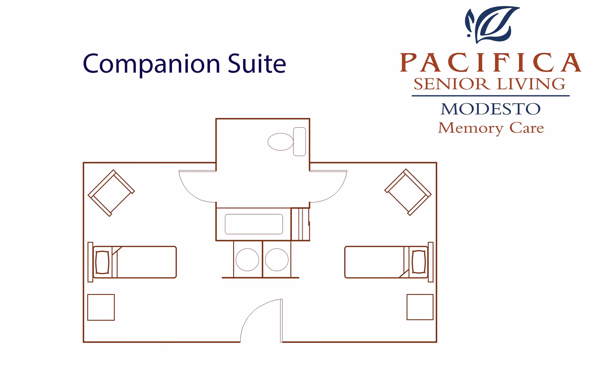 Floor plan of a companion suite with two separate sleeping areas, each containing a bed, a chair, and a small table. The suite includes a shared bathroom with a toilet and a bathtub, as well as a shared sink area. The layout is simple and symmetrical.