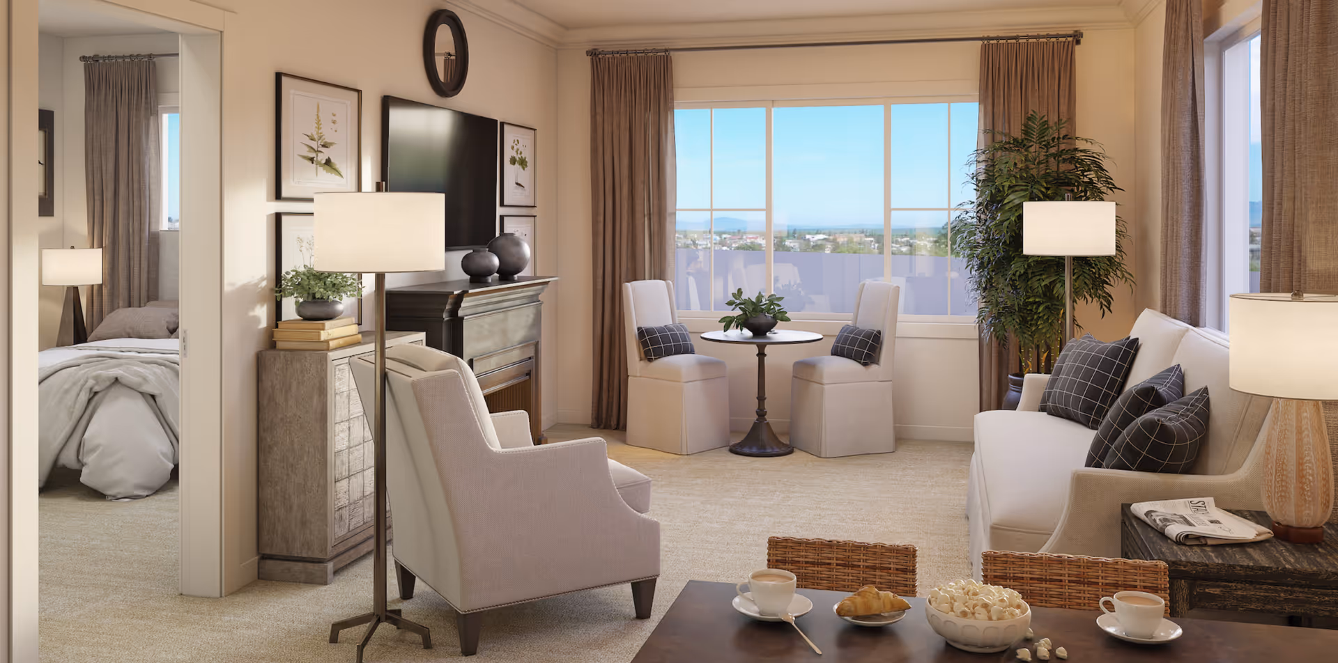 A cozy senior living room with beige walls and carpet, featuring a sofa with dark checkered pillows, two beige armchairs around a small round table by a large window with brown curtains, a fireplace with a TV mounted above it, and a floor lamp. A bedroom with a bed and lamp is visible through an open doorway. A coffee table in the foreground holds two cups of coffee, a croissant, and a bowl of popcorn.