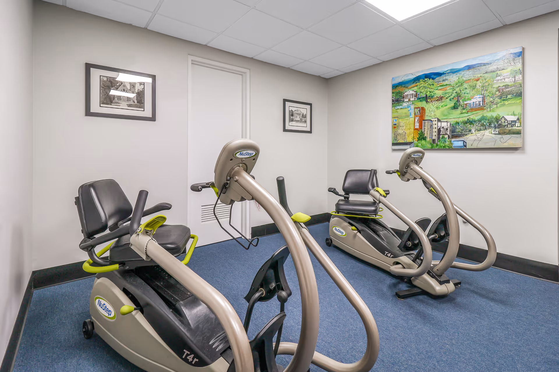 Small indoor exercise room with NuStep recumbent exercise bikes, blue carpet, and framed artwork on the walls.