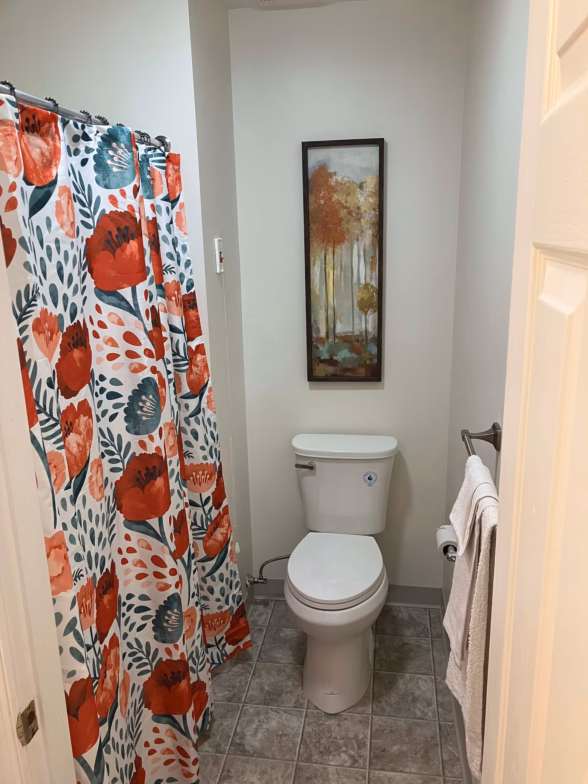 A small bathroom featuring a white toilet, a colorful floral shower curtain with red and teal flowers, a towel hanging on a silver towel rack, and a framed painting of trees on the wall above the toilet.