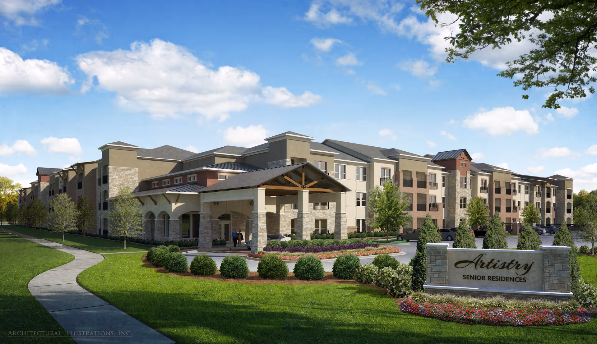 Exterior front view of a multi-story senior residences building with a covered entrance, landscaped grounds, and a stone sign reading "Artistry Senior Residences".