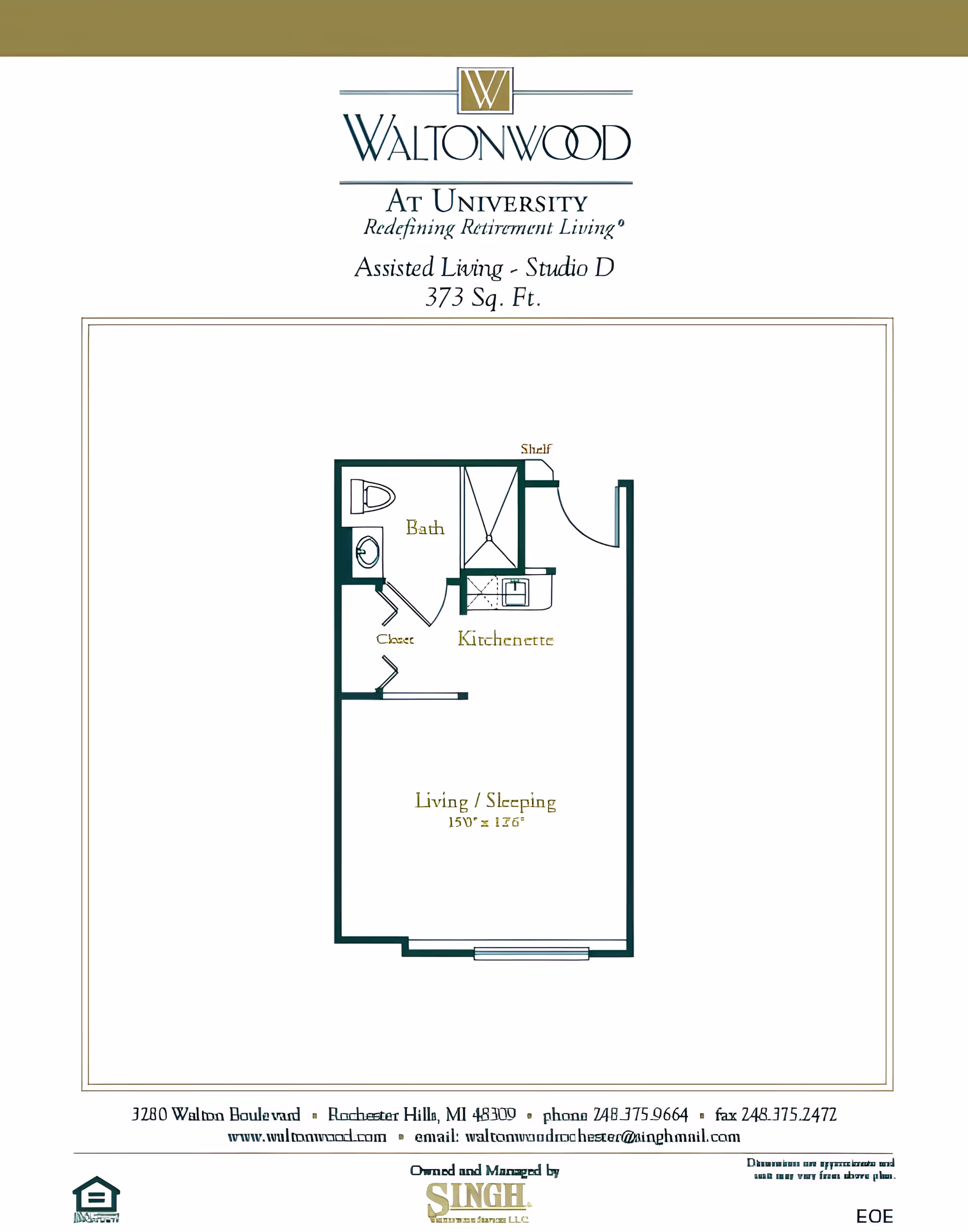 Floor plan of Waltonwood at University Assisted Living Studio D apartment, 373 square feet, showing a living/sleeping area, kitchenette, bath, closet, and shelf.