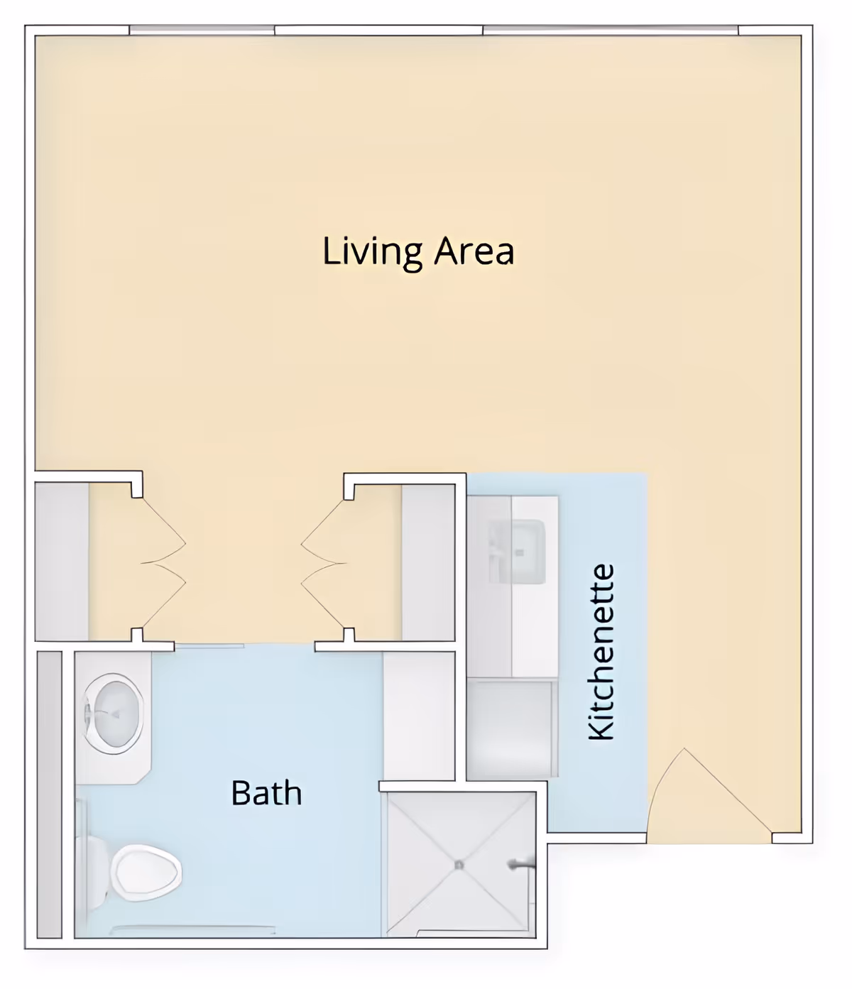 Floor plan of a senior living unit showing a living area, kitchenette, and a bathroom with a shower, toilet, and sink.