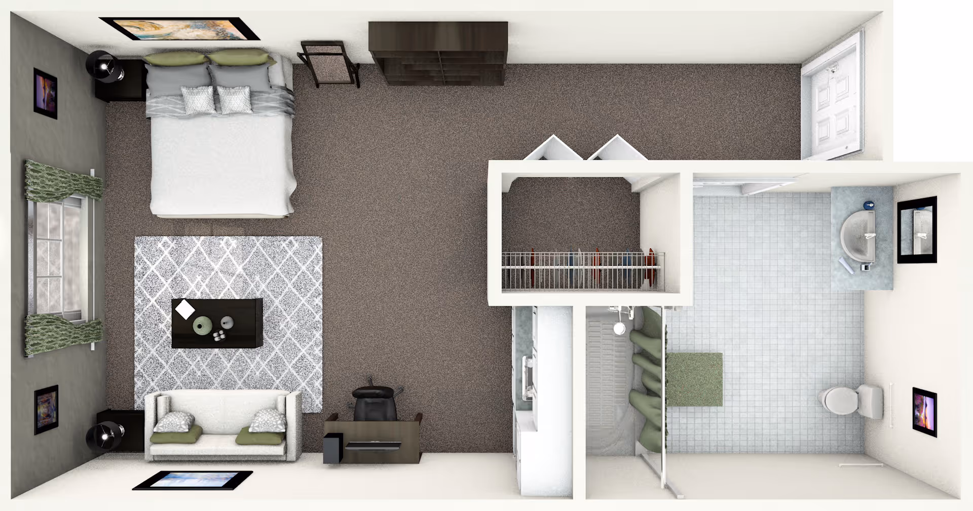 Top-down floor plan rendering of a studio apartment with a sleeping/living area, kitchenette, closet and adjacent bathroom.