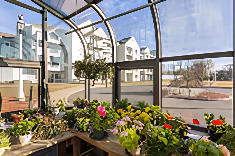 A bright indoor garden area with various colorful flowers and plants arranged on wooden shelves under a curved glass roof. Outside, white buildings and a clear blue sky are visible through the glass walls.