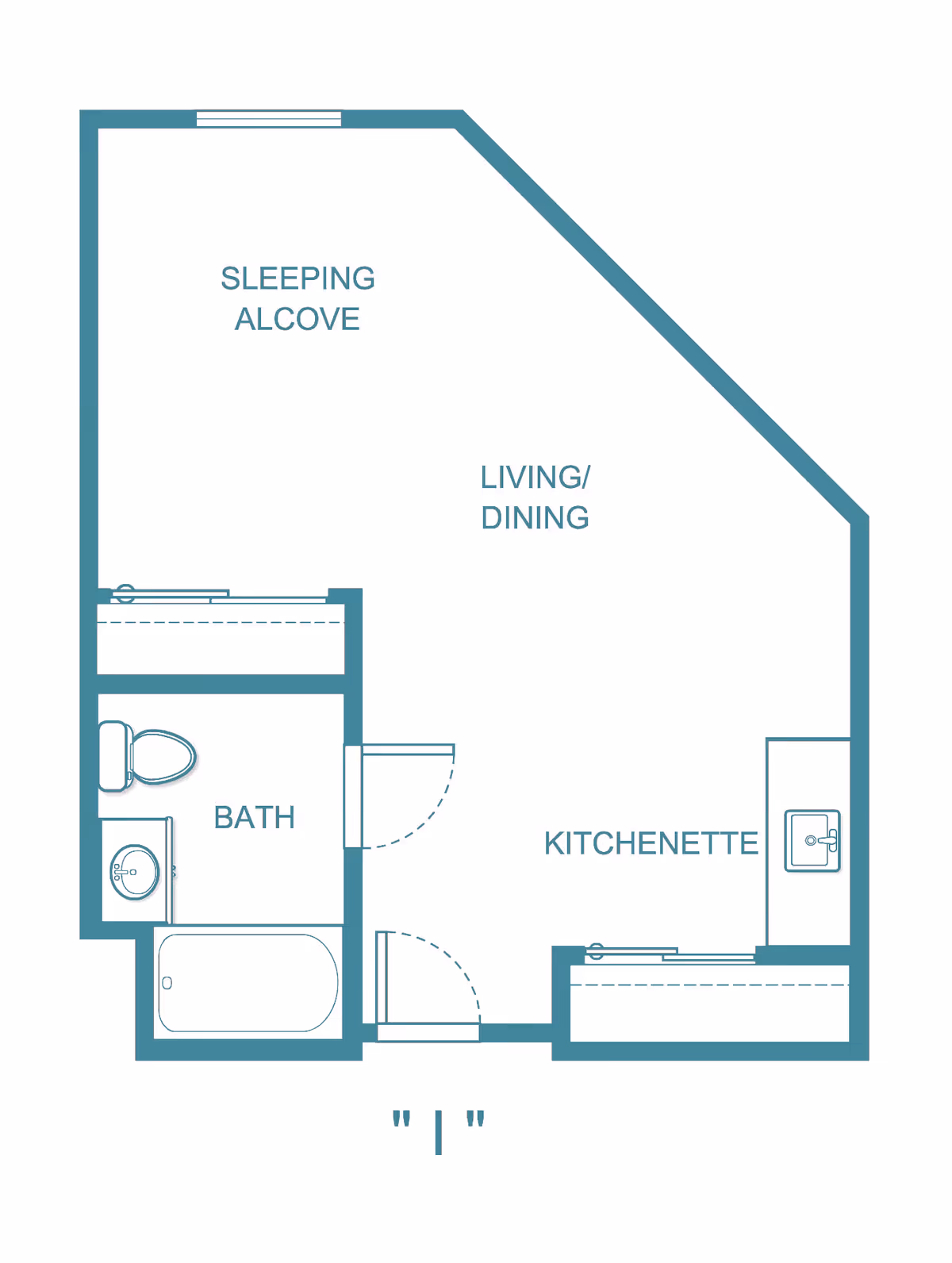 Architectural floor plan of a senior living studio apartment at Whispering Oaks showing a sleeping alcove, living/dining area, kitchenette, and a bathroom with a bathtub, toilet, and sink.