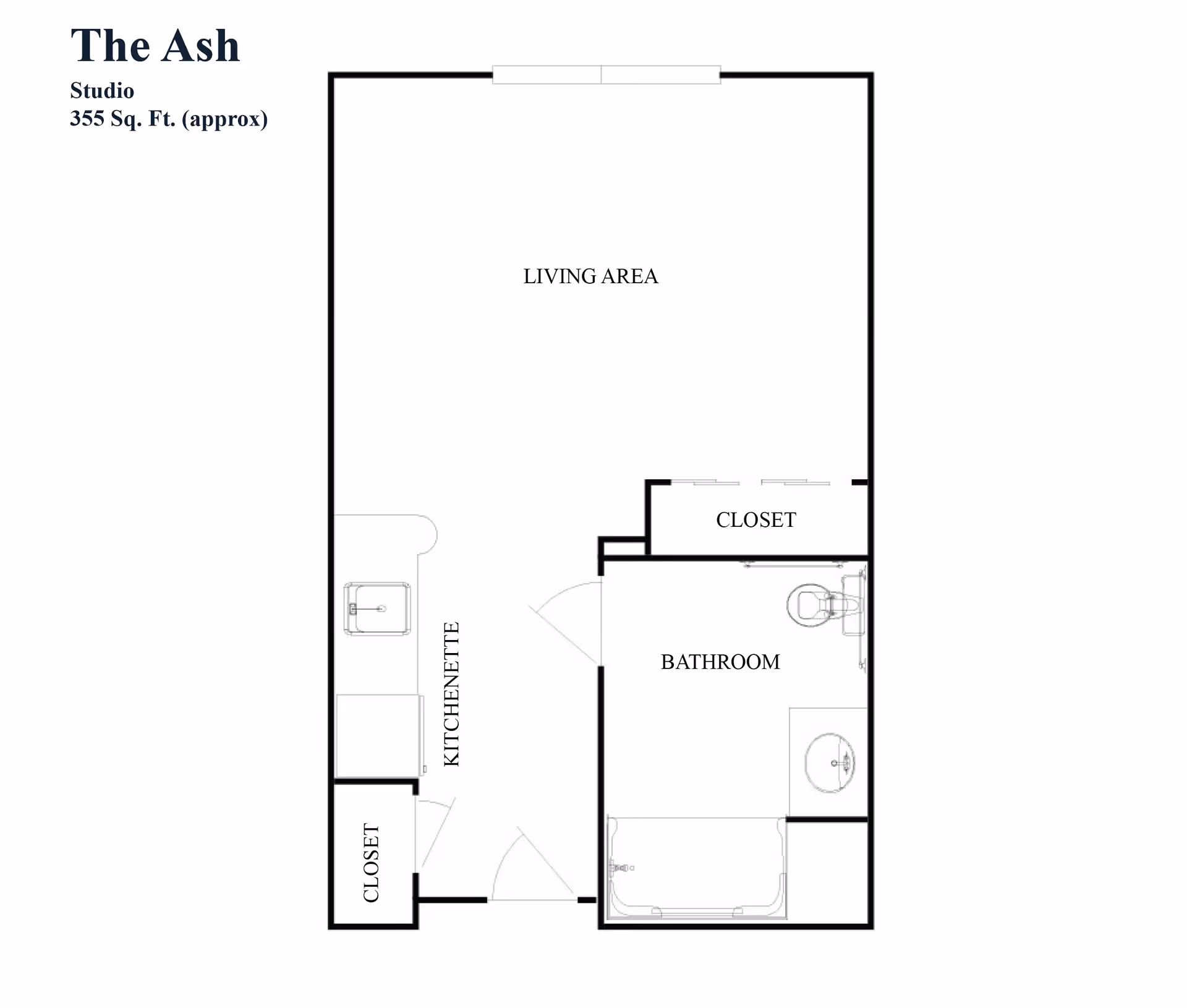 Floor plan of a studio apartment named The Ash with approximately 355 square feet. The layout includes a living area, kitchenette, bathroom, and two closets.