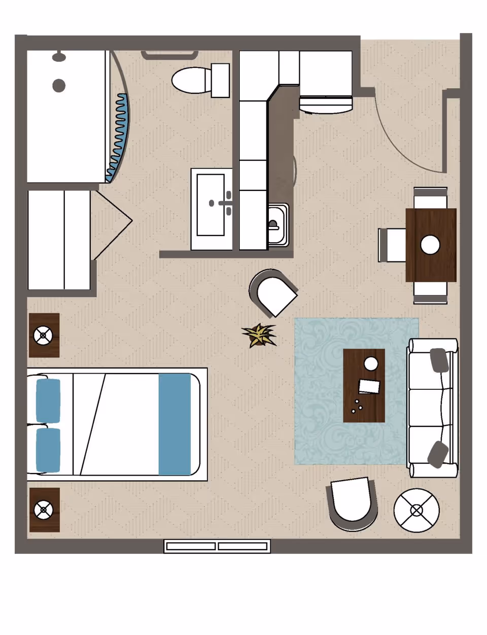 Floor plan of a studio apartment featuring a bedroom area with a bed and two nightstands, a bathroom with a shower, toilet, and sink, a kitchen with cabinets and appliances, a dining area with a table and four chairs, and a living area with a sofa, two chairs, a coffee table, and a small round side table.
