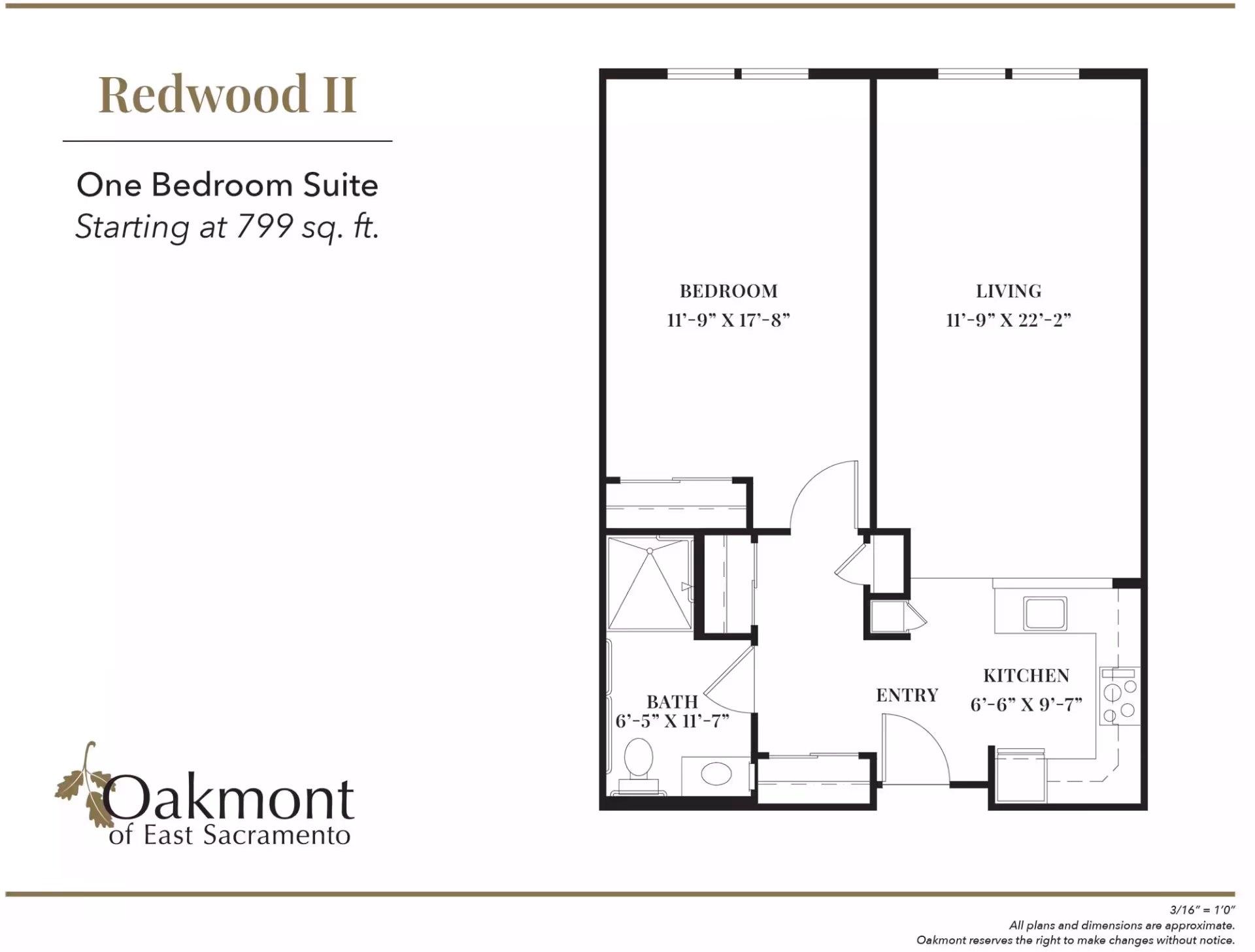 Floor plan labeled 'Redwood II' showing a one-bedroom suite with living room, kitchen, entry, and bath.