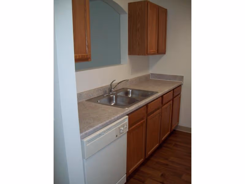 A small kitchen with a double stainless steel sink, laminate countertop, wooden cabinets, and a dishwasher.