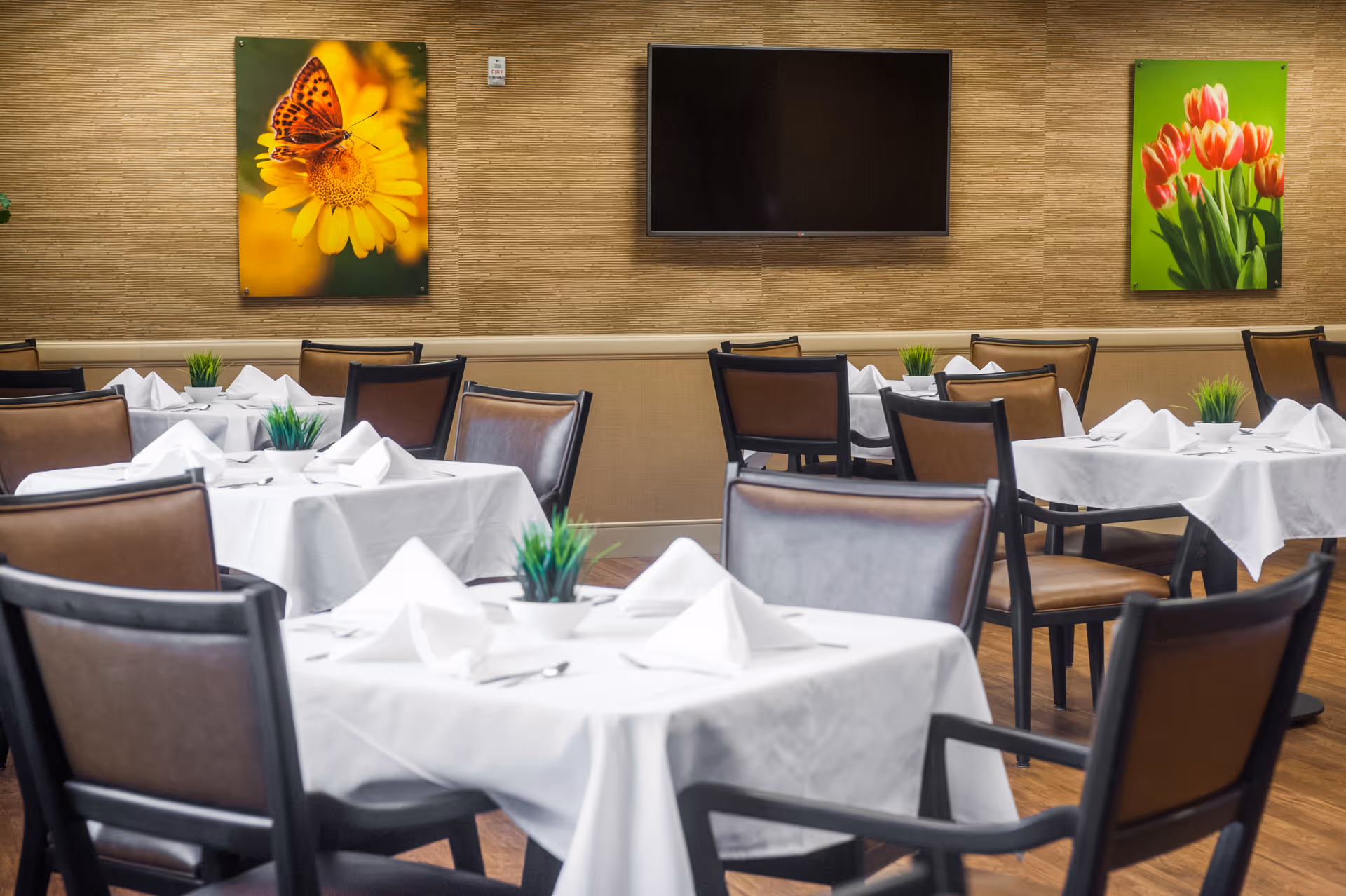 A dining room with multiple tables covered in white tablecloths, each set with folded white napkins, silverware, and small green potted plants. The walls have textured wallpaper and are decorated with colorful floral paintings. A large flat-screen TV is mounted on the wall.