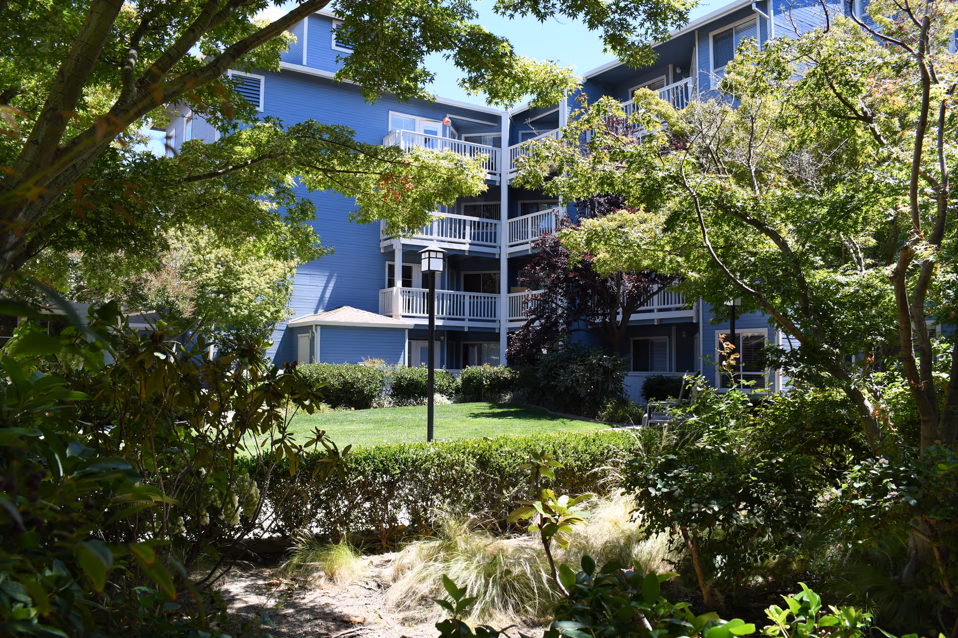 View of a blue multi-story residential building with white balconies surrounded by lush green trees, bushes, and a well-maintained lawn under a sunny sky.