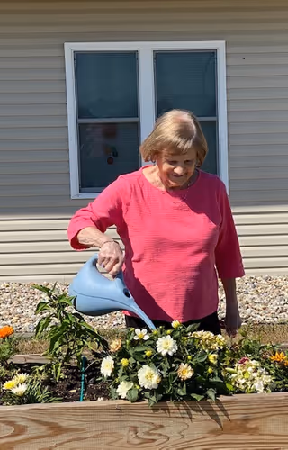 An elderly woman wearing a pink long-sleeve shirt is watering flowers in a raised garden bed outside a building with beige siding and two windows.
