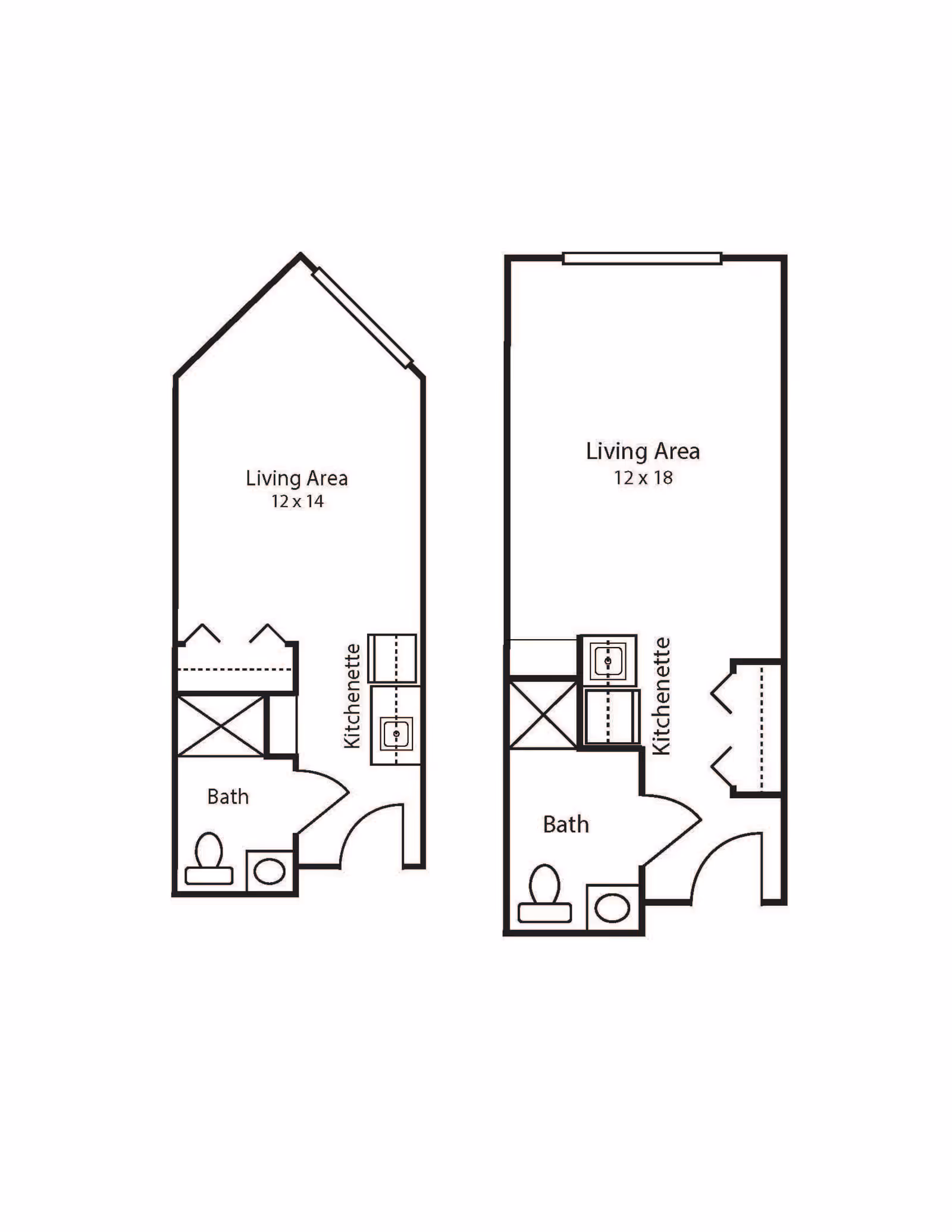 Two architectural floor plans showing layouts with living areas, kitchenettes, and bathrooms. The left plan has a living area sized 12 by 14 feet, a kitchenette, and a bathroom. The right plan has a living area sized 12 by 18 feet, a kitchenette, and a bathroom.
