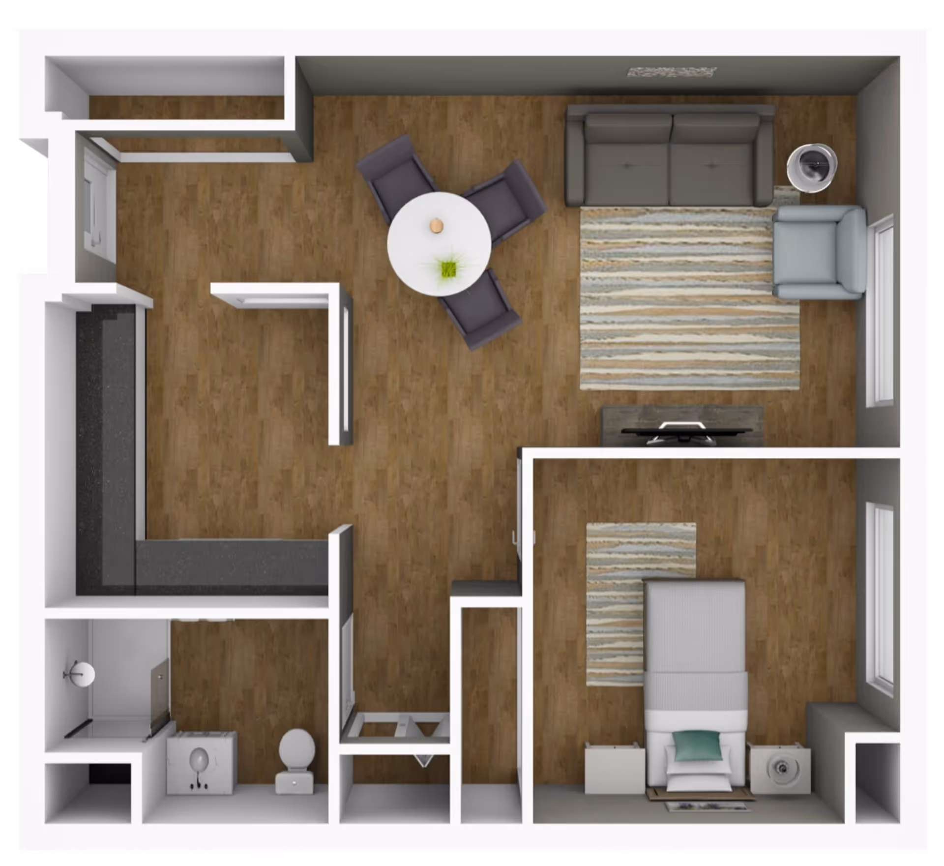 Top-down view of a one-bedroom apartment floor plan featuring a living room with a sofa, armchair, rug, and TV, a dining area with a round table and four chairs, a kitchen area with countertops, a bedroom with a bed, nightstands, and a rug, and a bathroom with a shower, toilet, and sink.