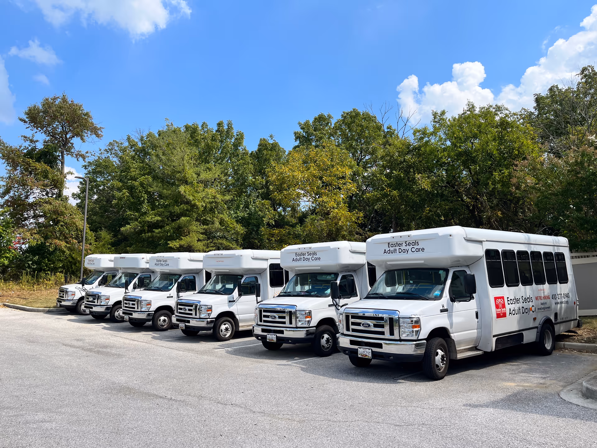 A row of six white shuttle buses parked in a parking lot next to a wooded area with green trees under a blue sky with some clouds. The buses have signage that reads 'Easter Seals Adult Day Care'.