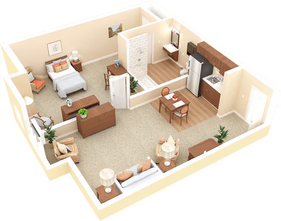 3D floor plan of a senior living apartment featuring a bedroom with a bed, nightstand, and armchair; a bathroom with a shower, sink, and toilet; a kitchen area with refrigerator, sink, and cabinets; a dining area with a table and two chairs; and a living room with a sofa, armchairs, side tables, lamps, and plants.