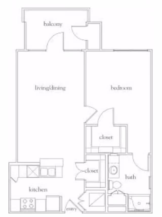 Floor plan of a one-bedroom apartment featuring a balcony, living/dining area, kitchen, bedroom, two closets, and a bathroom.
