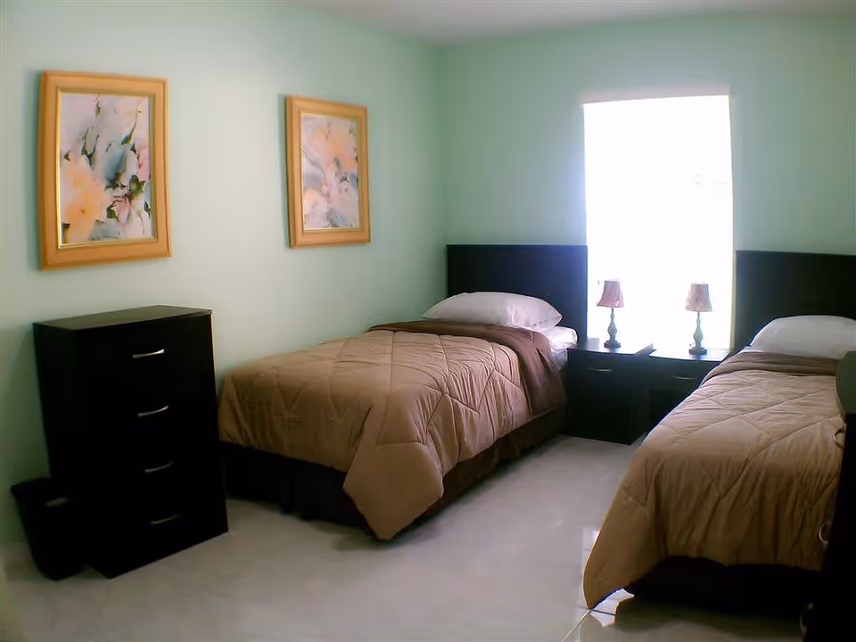 A bedroom with two single beds, each with brown comforters and white pillows. Between the beds is a small nightstand with two matching lamps. On the left side of the room is a black chest of drawers, and two framed floral paintings hang on the light green wall above it. A window with bright light is behind the nightstand.