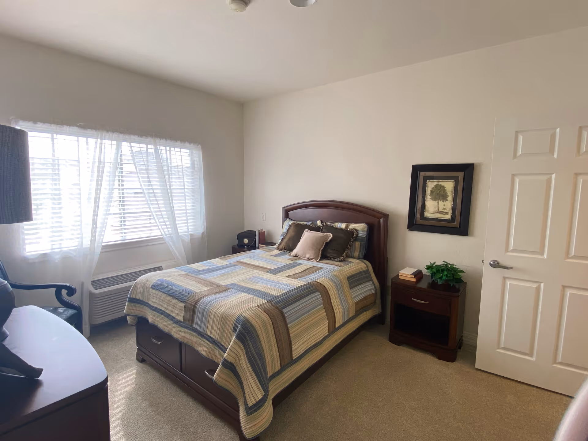 A neatly made bed with a striped quilt and several pillows in a bright bedroom. The room has a window with sheer white curtains letting in natural light, a wooden nightstand with a small plant and books, a framed picture on the wall, and a closed white door.