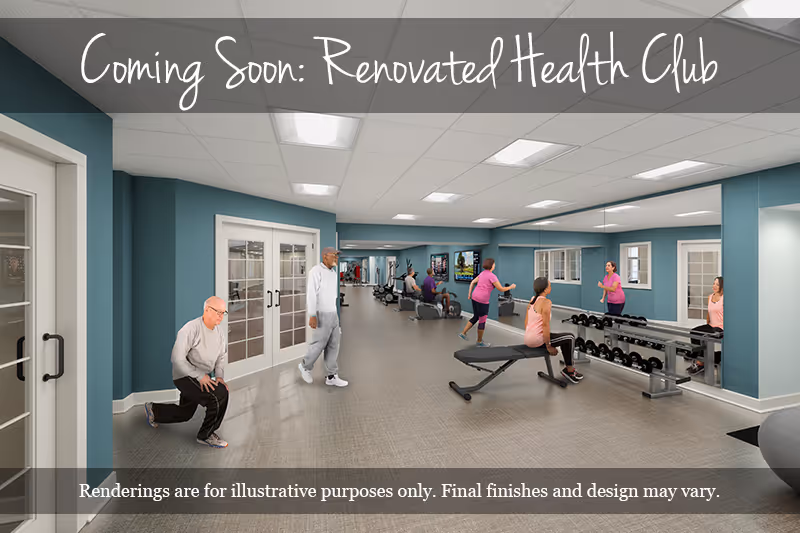 A spacious fitness room with teal walls and large mirrors along one side. Several people are engaged in different exercises including stretching, using dumbbells, and cardio machines. The room has bright overhead lighting and a clean, modern design. Text at the top reads 'Coming Soon: Renovated Health Club' and a disclaimer at the bottom states 'Renderings are for illustrative purposes only. Final finishes and design may vary.'