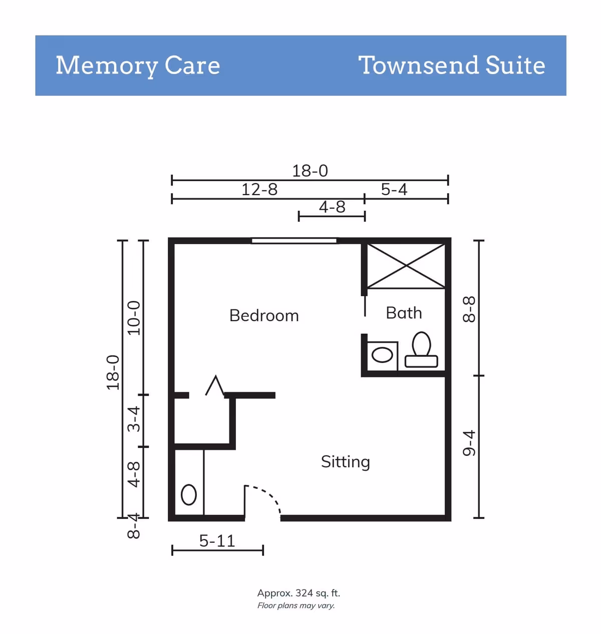 Floor plan of the Townsend Suite in the Memory Care section of Maris Pointe, showing a bedroom, sitting area, and bathroom with dimensions and approximate total area of 324 square feet.