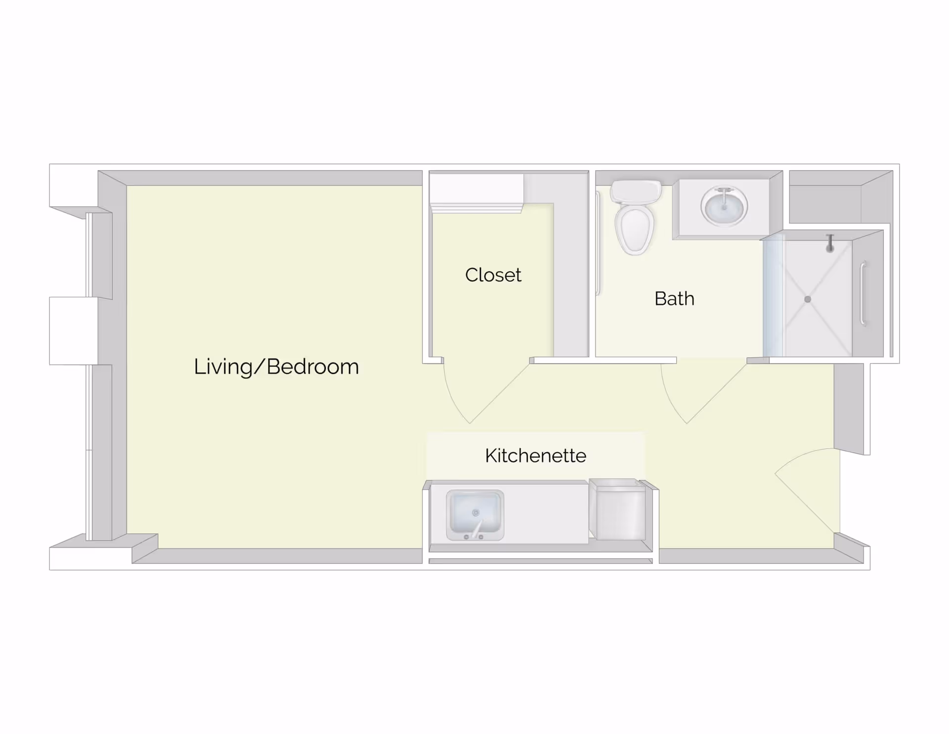 Top-down floor plan of a studio apartment showing a living/bedroom area, kitchenette, closet, and bath.