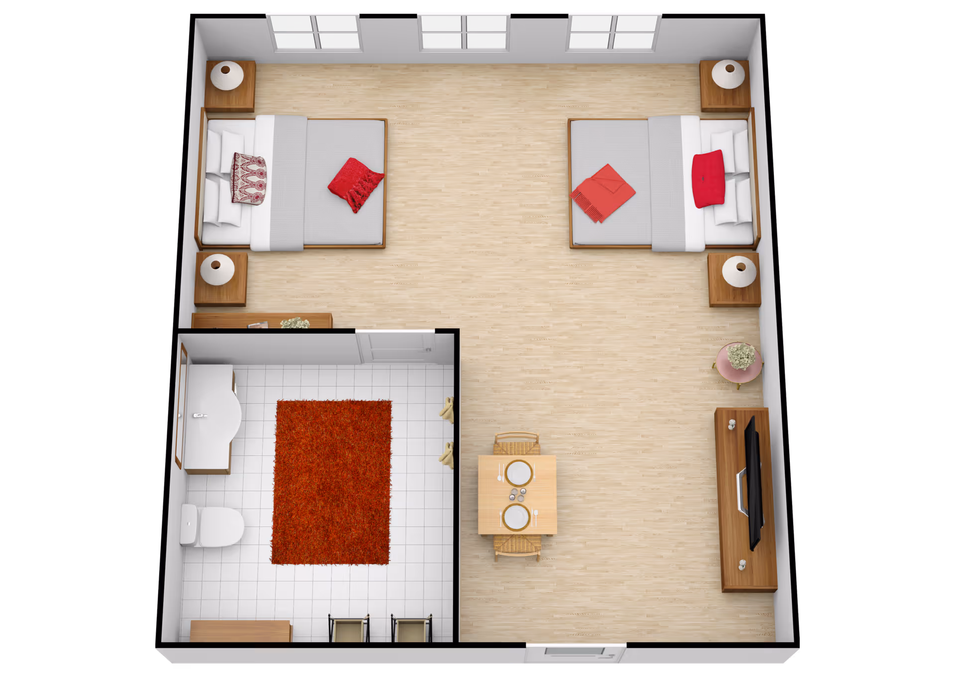 Top-down view of a senior living facility room layout with two beds, each with pillows and red blankets, two nightstands with lamps, a small dining table set for two, a TV on a wooden stand, a small round table with a plant, and an adjacent bathroom with a toilet, sink, and a red rug.