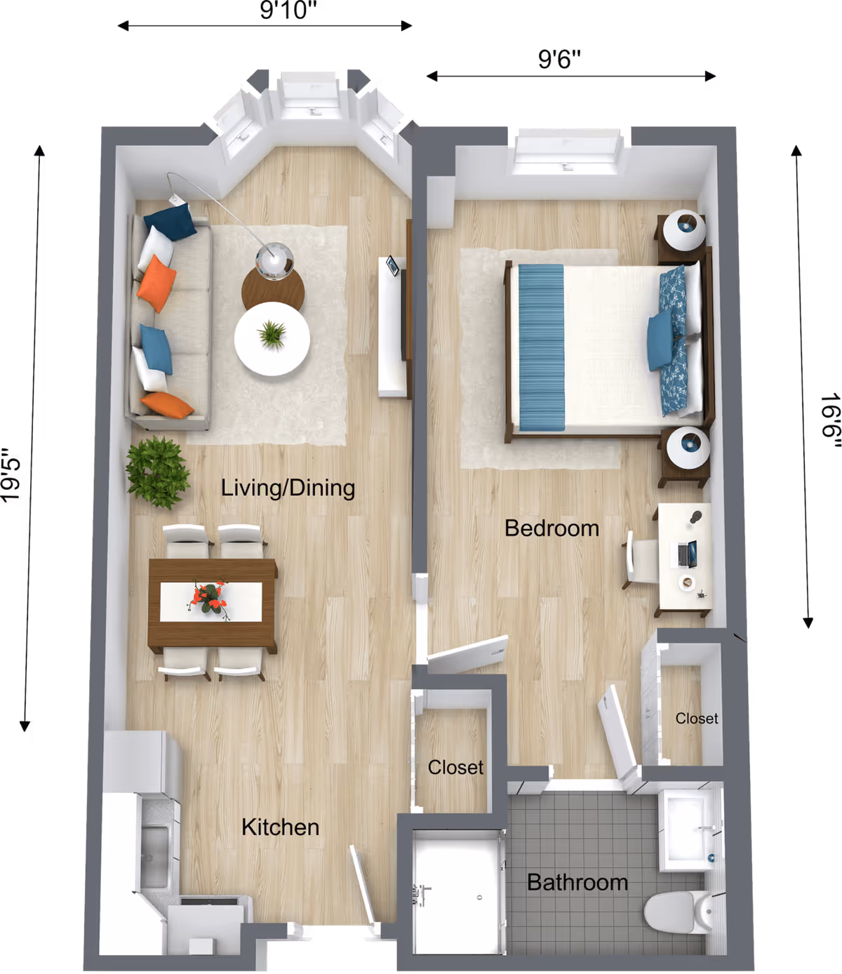 3D floor plan of a one-bedroom assisted living apartment at Heights Crossing Assisted Living, showing a living/dining area with a sofa, coffee table, dining table with four chairs, a kitchen with appliances, a bedroom with a bed, nightstands, and a desk, two closets, and a bathroom with a shower, toilet, and sink.
