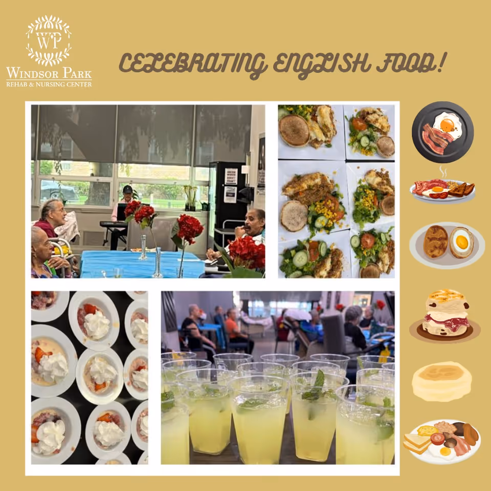 Collage showing residents in a dining/activity room with plated English-style meals, desserts, and drinks under a "Celebrating English Food!" header.