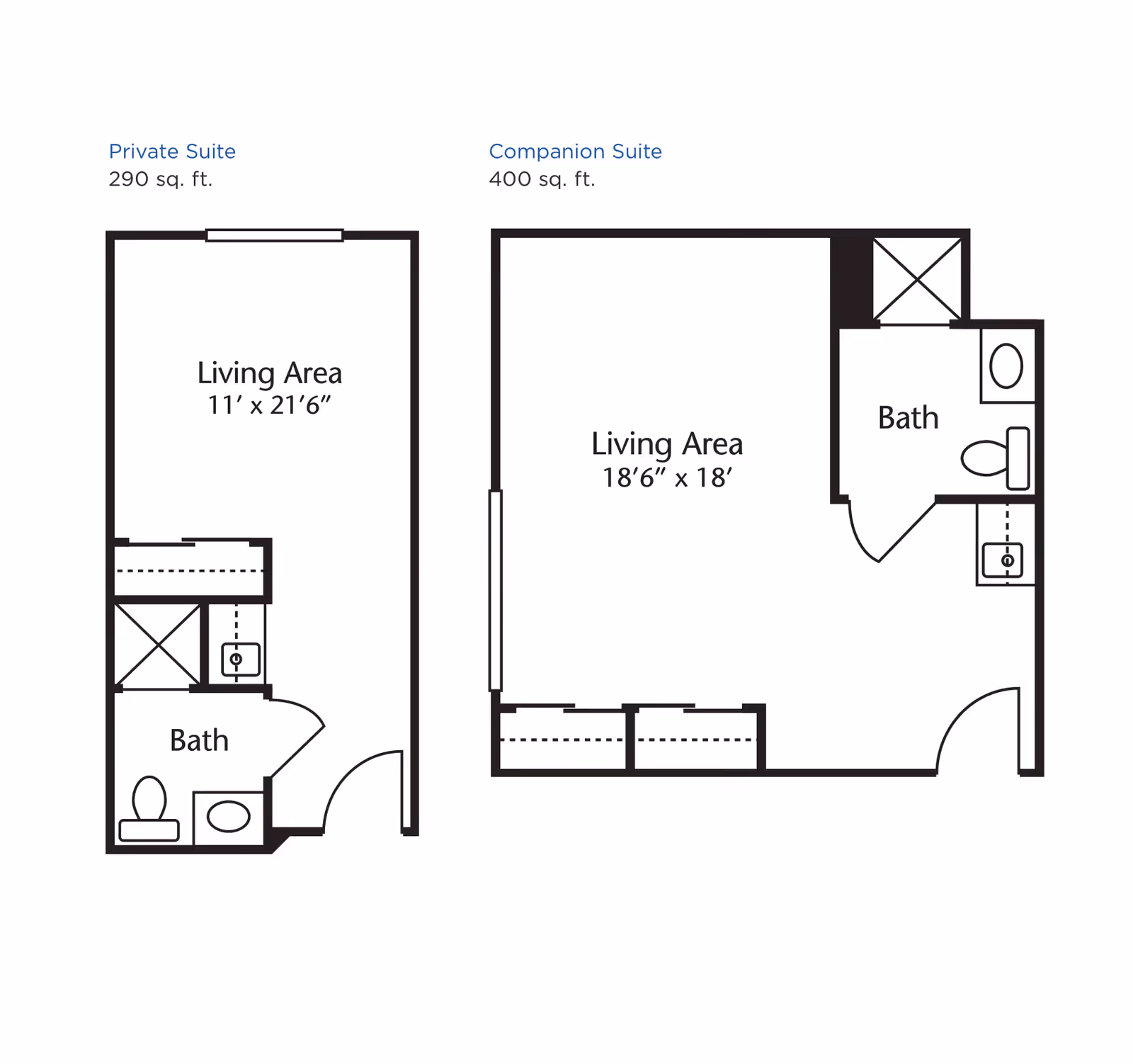 Floor plans for two types of suites at Brookdale Bay City: a Private Suite measuring 290 sq. ft. with a living area of 11 feet by 21 feet 6 inches and a bath, and a Companion Suite measuring 400 sq. ft. with a living area of 18 feet 6 inches by 18 feet and a bath.