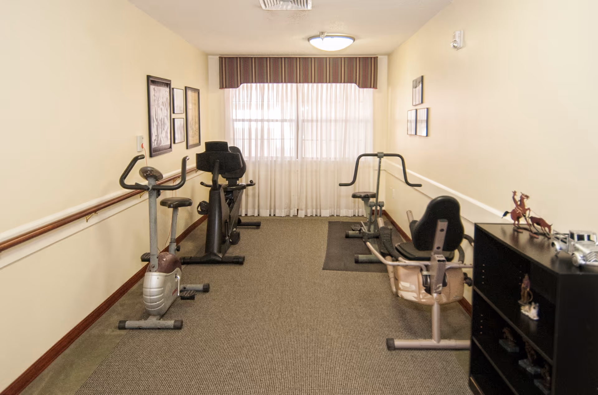 A small exercise room with stationary exercise bikes and a rowing machine. The room has beige walls, a carpeted floor, framed pictures on the walls, a window with sheer curtains and a valance, and a black shelving unit with decorative items.