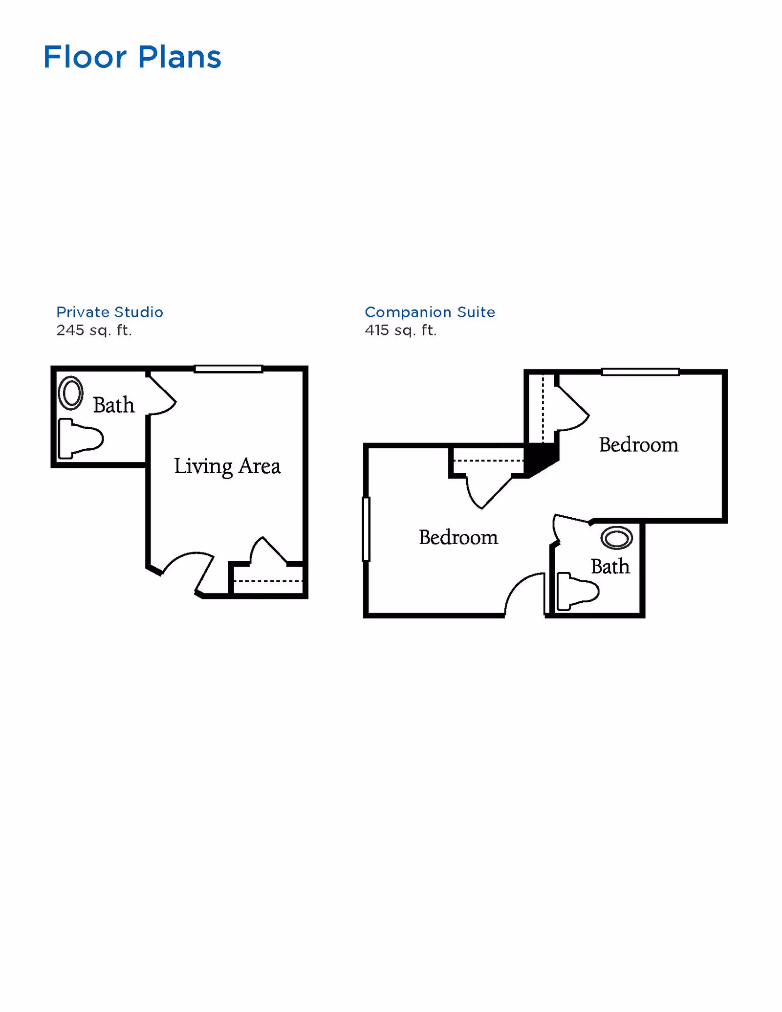 Floor plans for Brookdale Santa Barbara showing a Private Studio with 245 sq. ft. including a bath and living area, and a Companion Suite with 415 sq. ft. including two bedrooms and a bath.