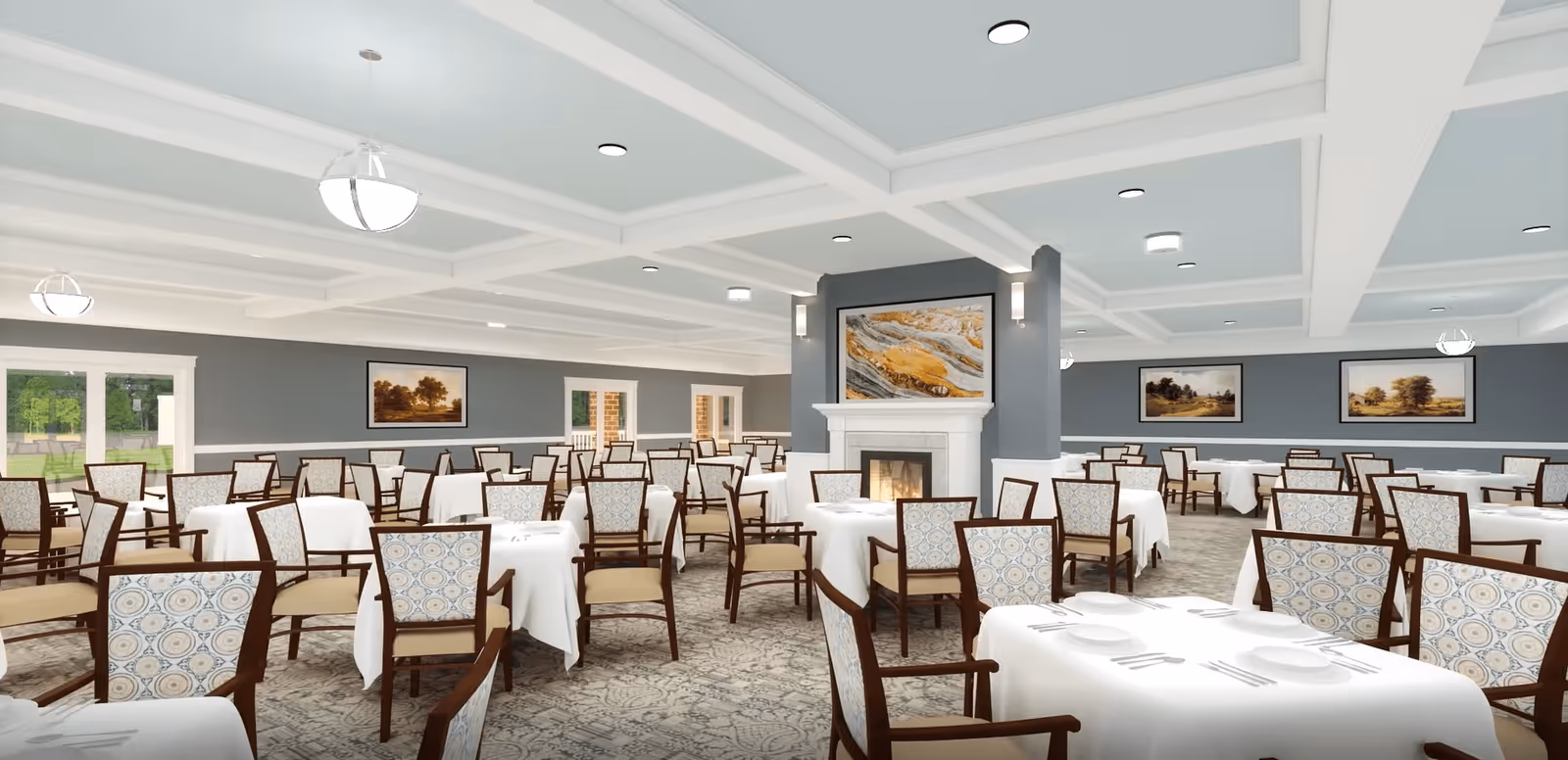 Spacious formal dining room with multiple tables draped in white linens, patterned upholstered chairs, a central fireplace, and coffered light-blue ceiling.