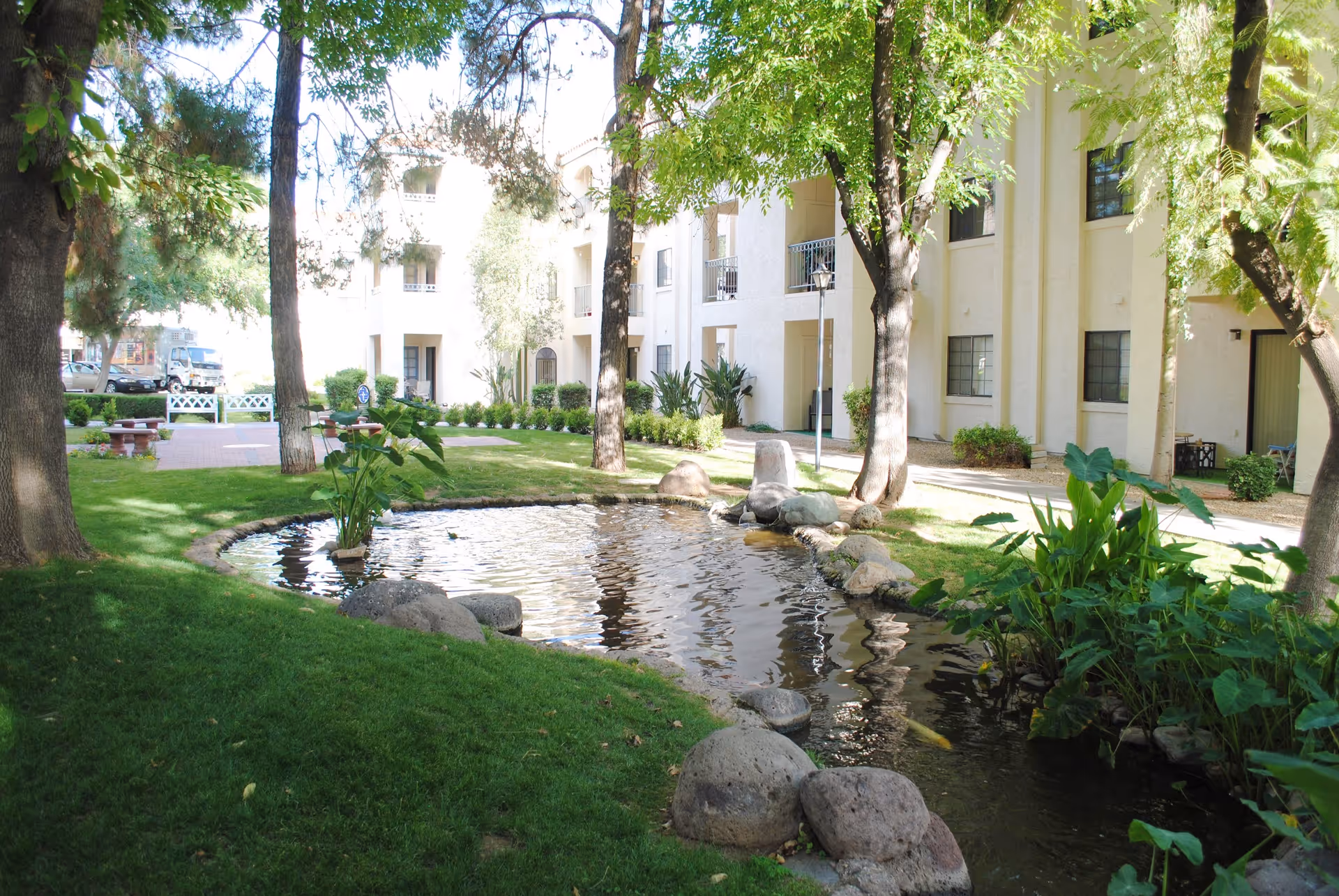 A peaceful outdoor garden area at Fellowship Square Phoenix featuring a small pond surrounded by rocks and lush green plants. Tall trees provide shade over the grassy lawn, and a multi-story building with balconies and windows is visible in the background.