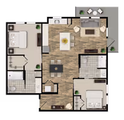 Top-down floor plan of a residential unit showing two bedrooms, two bathrooms, a kitchen with an island, a dining area, a living room, and a small outdoor patio with seating.
