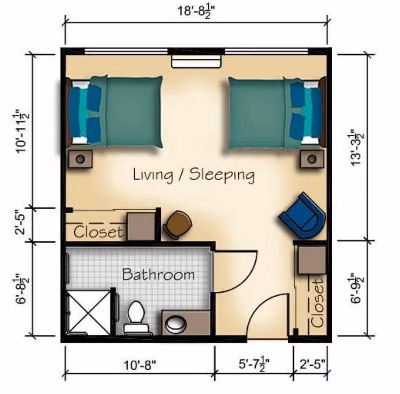 Colored floor plan of a studio apartment showing a Living/Sleeping area with two beds, a bathroom, two closets, and room dimensions.