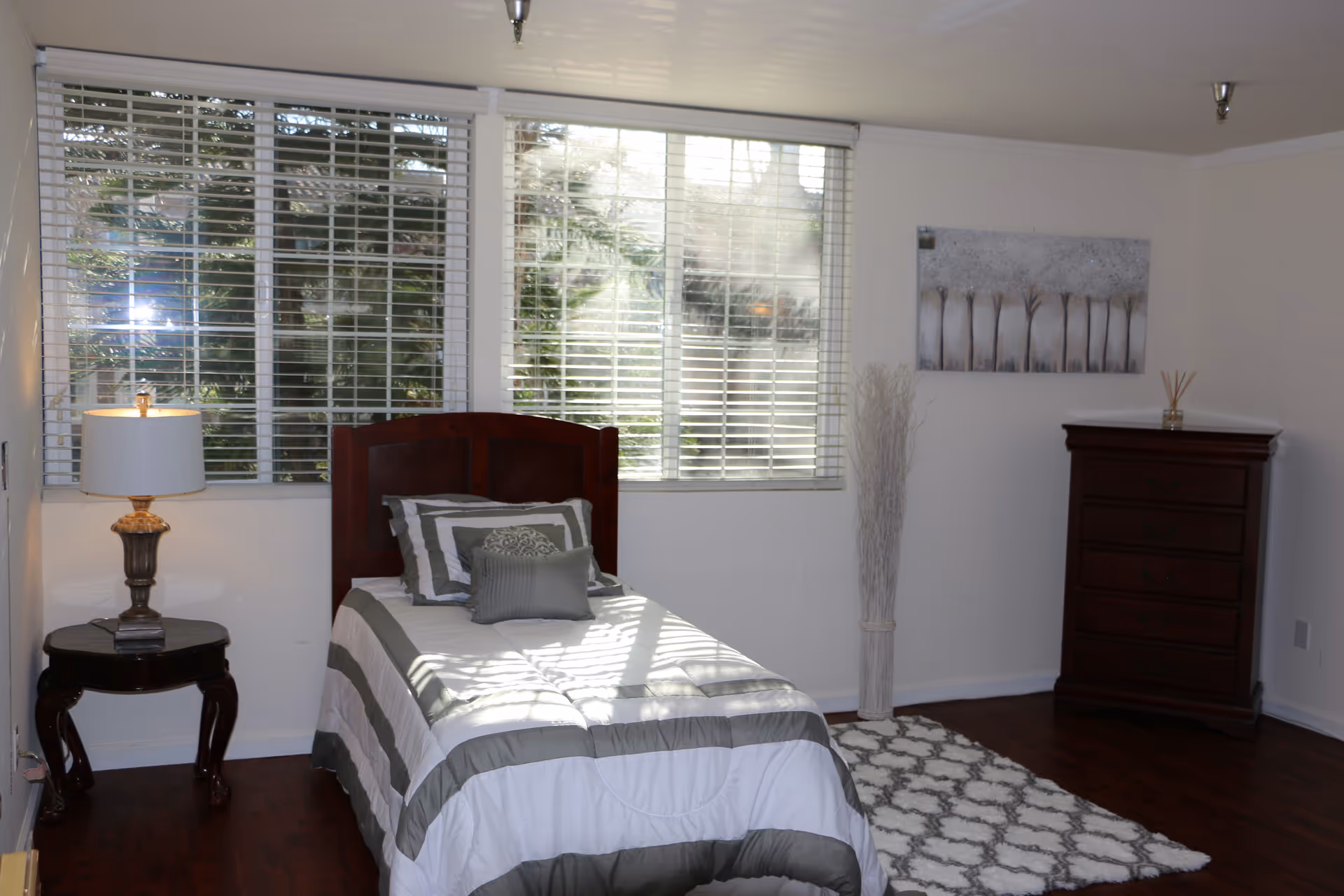 Sunlit single bedroom with a twin bed, nightstand and lamp, dresser, rug, and a large window with blinds.