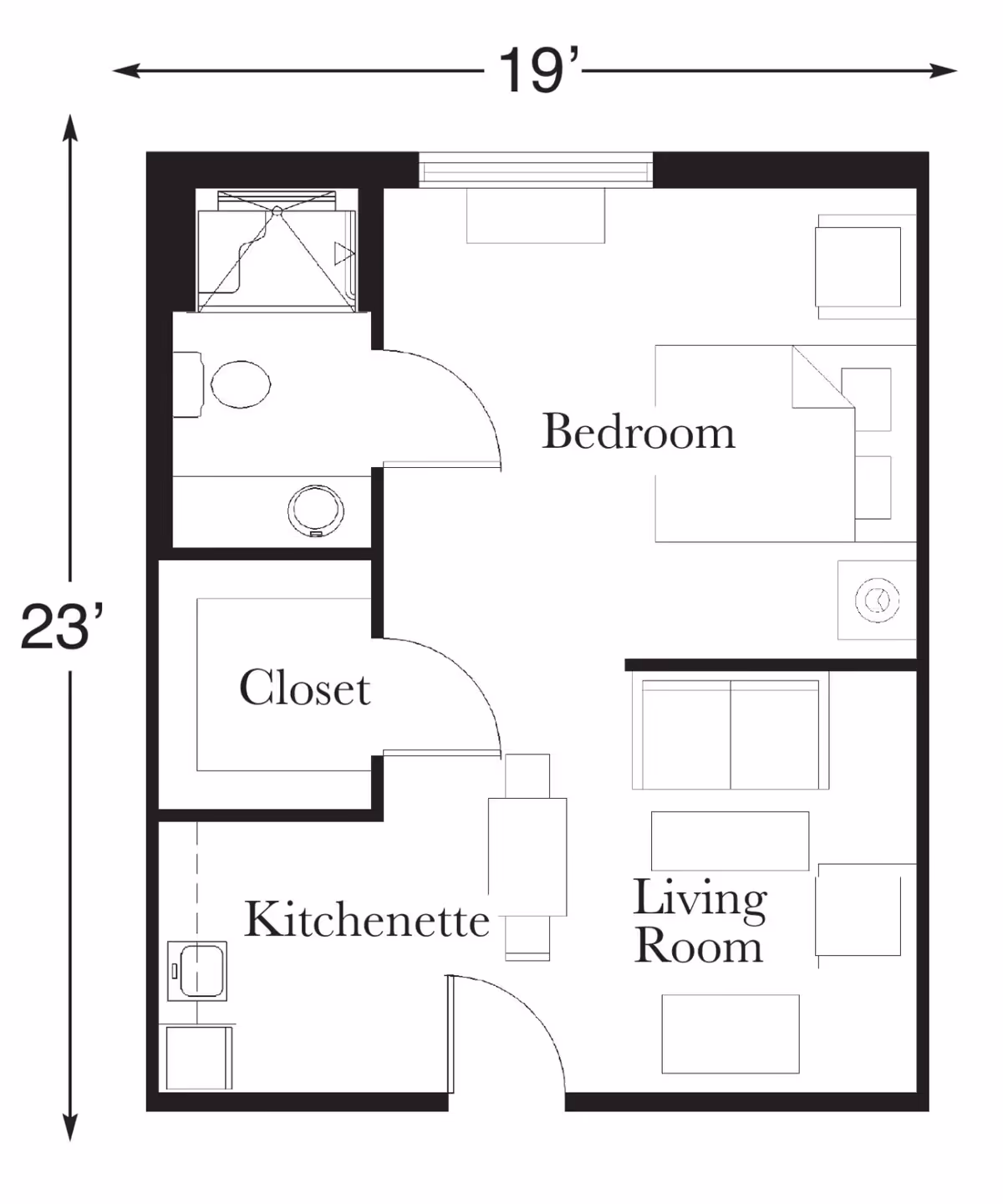 Black-and-white floor plan of a small apartment showing a bedroom, living room, kitchenette, closet, and bathroom with overall dimensions 19' by 23'.