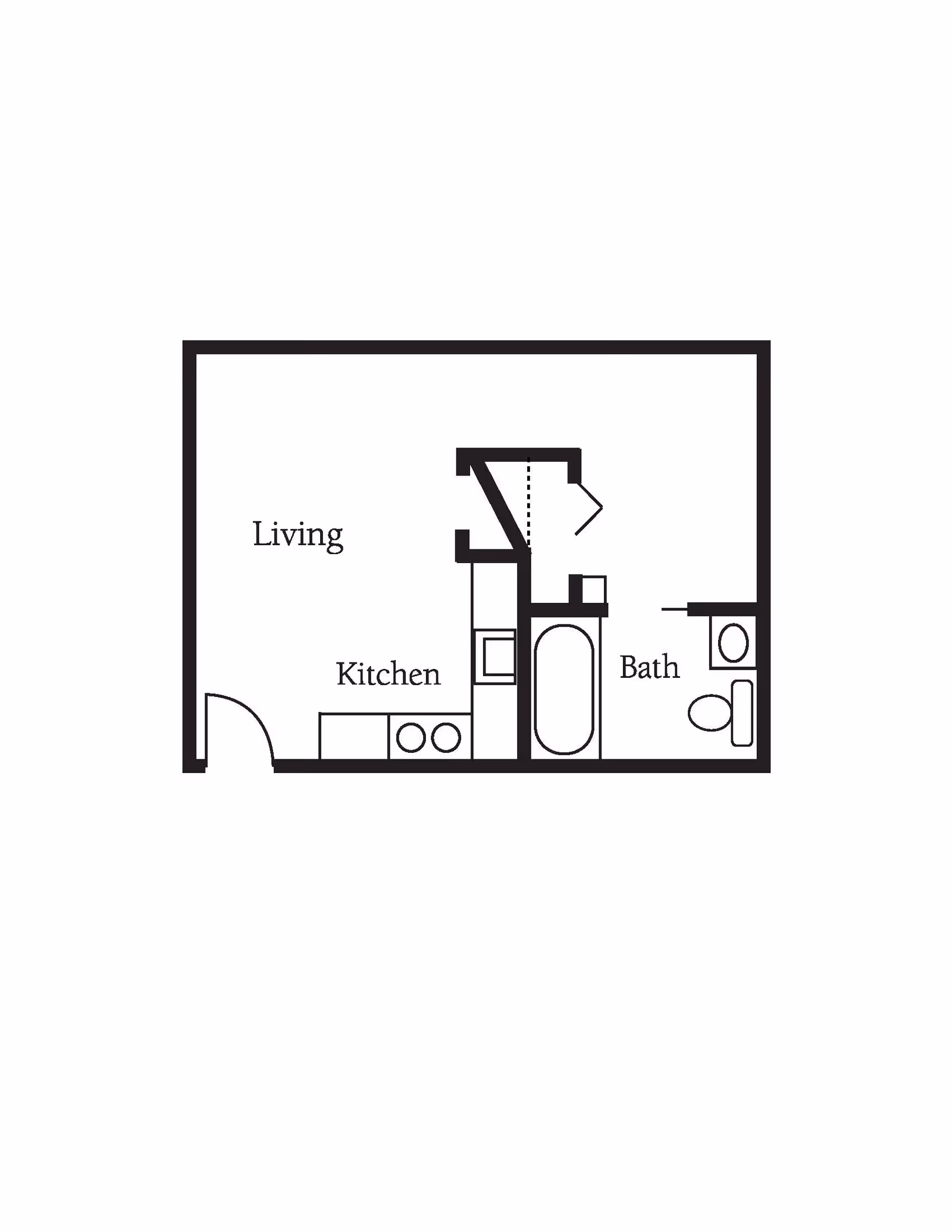 Floor plan layout showing a living area, kitchen, and bathroom with a bathtub and toilet.