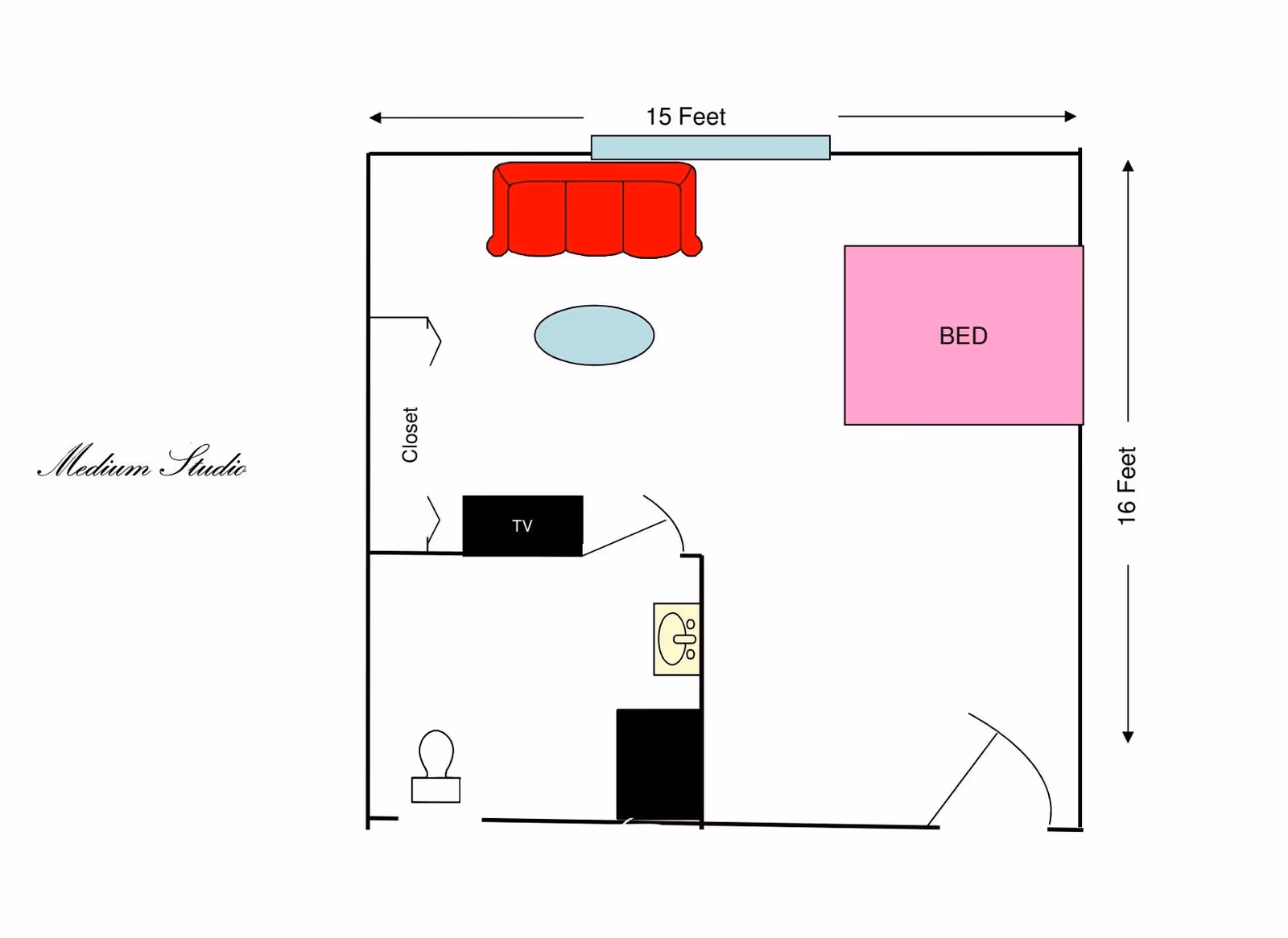 Floor plan of a medium studio apartment showing a living area with a red couch and oval coffee table, a closet, a TV, a pink bed, and a bathroom with a toilet and sink. The dimensions are 15 feet by 16 feet.