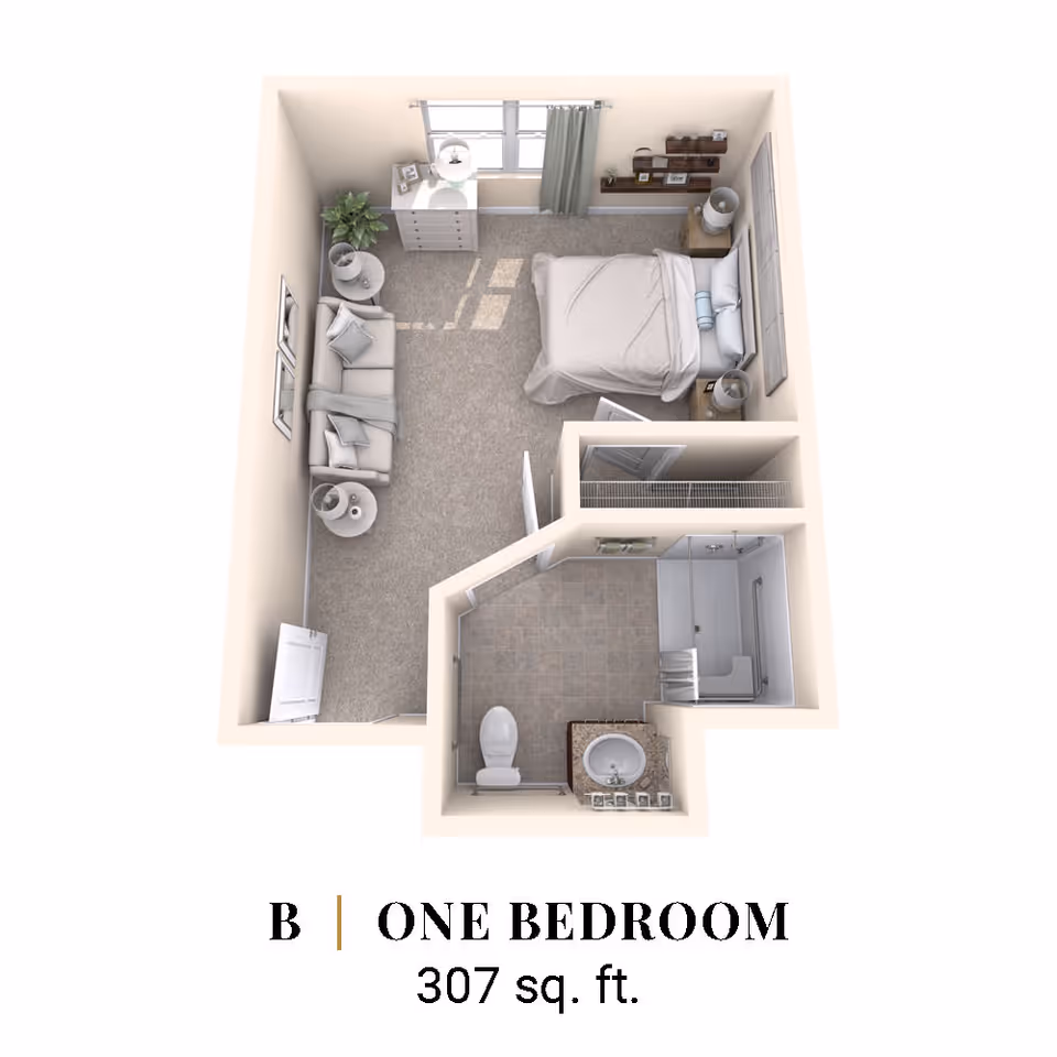 3D floor plan of a one-bedroom apartment with 307 square feet, showing a bedroom with a bed, two nightstands, a dresser, a sofa, two side tables, a plant, and a bathroom with a toilet, sink, and shower.