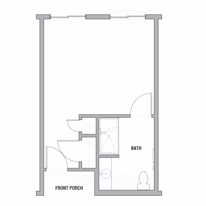 Architectural floor plan showing a layout with a front porch and a bathroom that includes a shower, sink, and toilet.