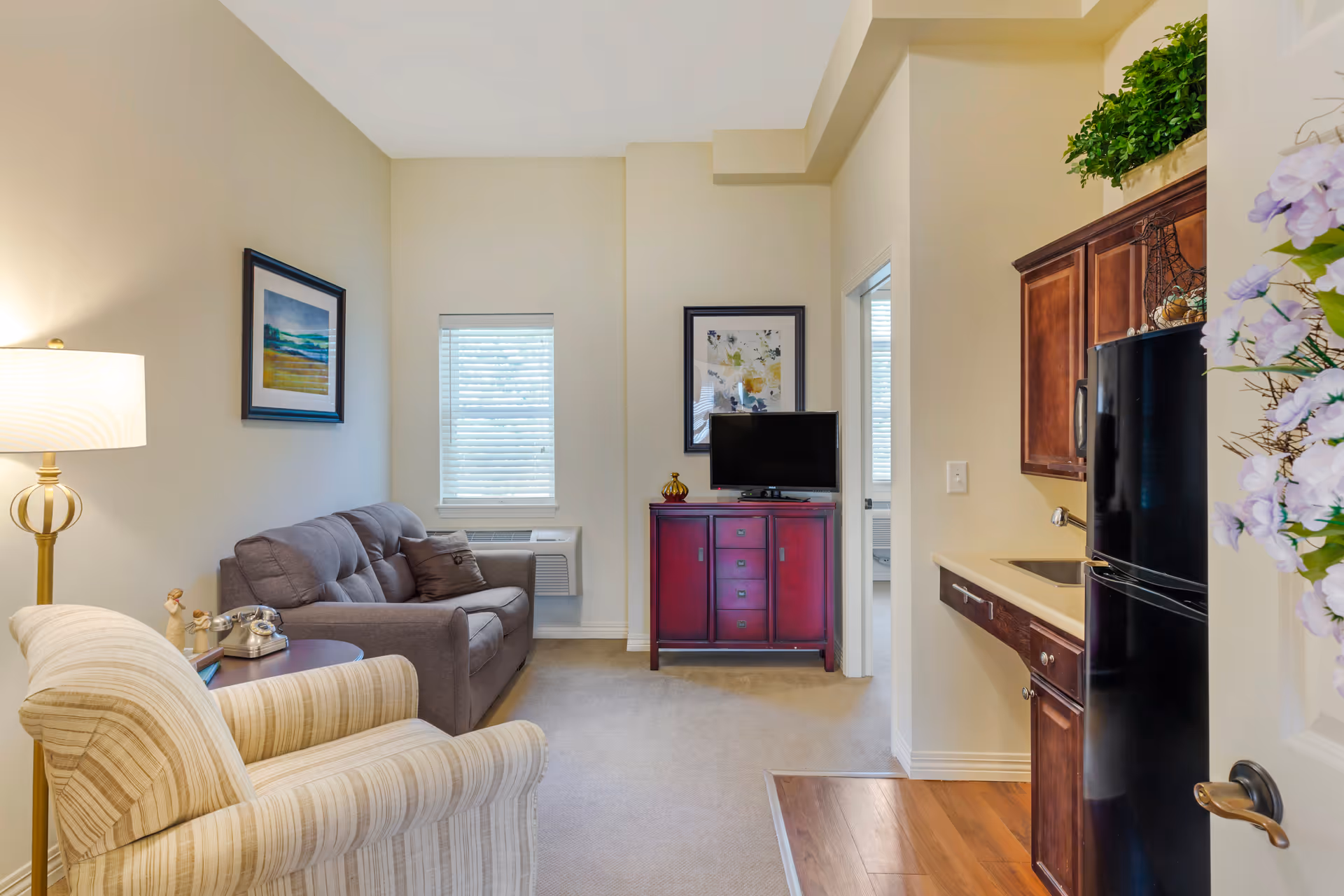 A cozy living room featuring a gray sofa, a striped armchair, a small table with a vintage telephone, and a red cabinet with a TV. Natural light streams in through a window with blinds, and there is a kitchenette visible in the background.