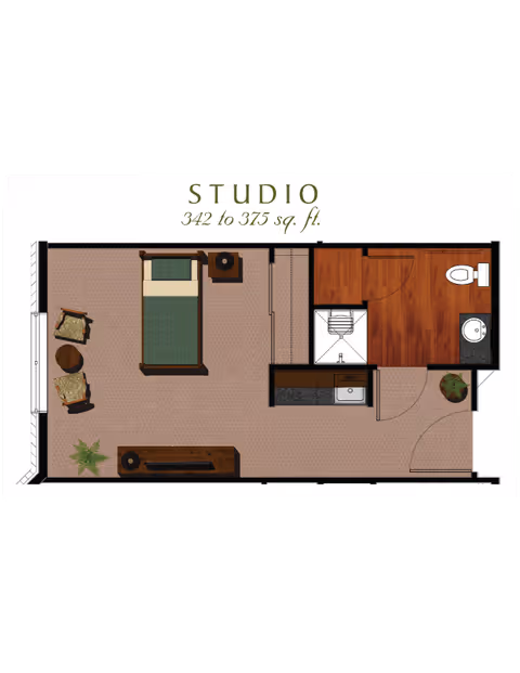 Floor plan of a studio apartment measuring 342 to 375 square feet, showing a sleeping area with a bed and two chairs, a bathroom with a toilet and sink, a small kitchenette with a sink, and an entryway with a plant.