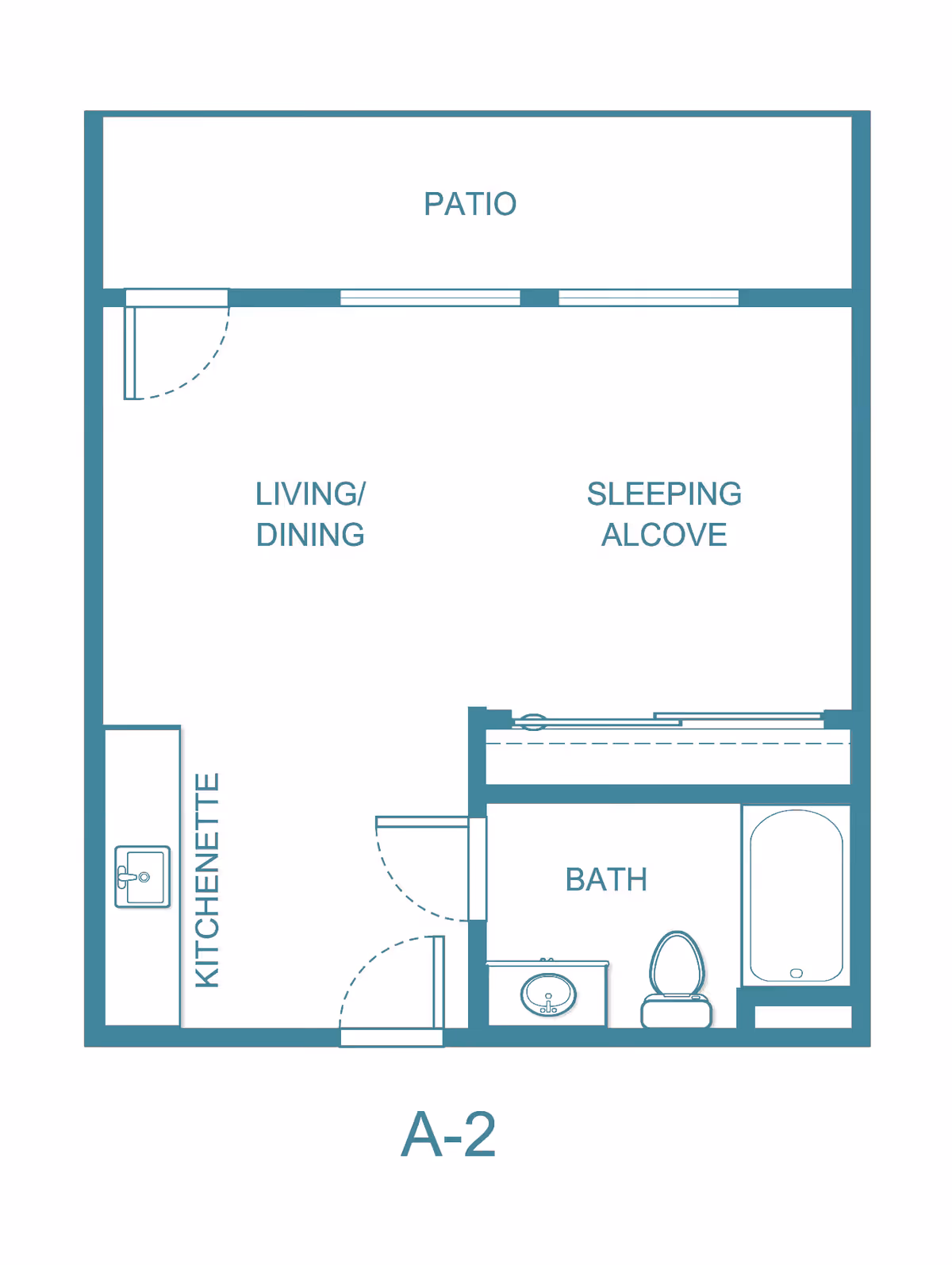 Floor plan labeled A-2 showing a studio layout with a patio, living/dining area, sleeping alcove, kitchenette, and a bathroom with a sink, toilet, and bathtub.