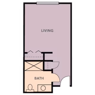 Floor plan showing a living area and a bathroom. The living area is labeled 'LIVING' and occupies the larger portion of the space. The bathroom is labeled 'BATH' and includes a toilet and a sink. There are doors separating the bathroom and living area, and an entrance door to the living area.