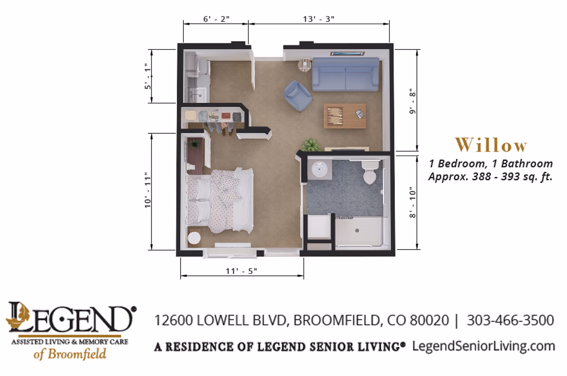 Floor plan of a one-bedroom, one-bathroom apartment named Willow at Legend of Broomfield. The layout includes a bedroom with a bed and nightstand, a bathroom with a shower, toilet, and sink, a living area with a sofa, chair, and coffee table, and a small kitchen area. Dimensions of each room are marked.