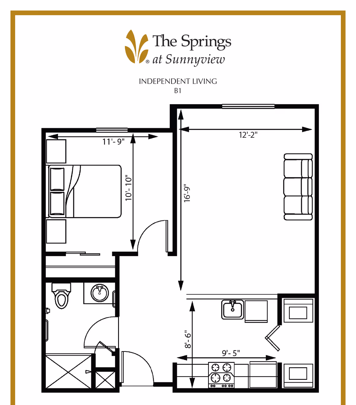 Floor plan layout of an independent living unit at The Springs at Sunnyview, labeled B1. The plan shows a bedroom with dimensions 11 feet 9 inches by 10 feet 10 inches, a bathroom with a toilet, sink, and shower, a living room area measuring 12 feet 2 inches by 16 feet 9 inches with a sofa, and a kitchen area measuring 9 feet 5 inches by 8 feet 6 inches with a stove, sink, and cabinets.