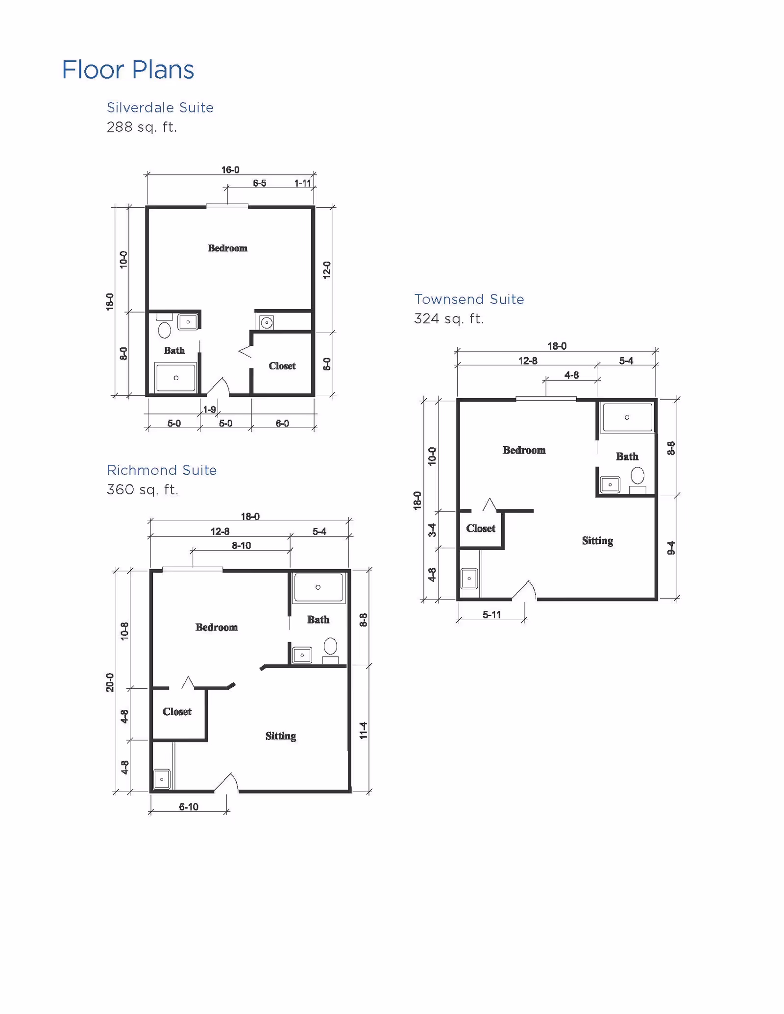 Floor plans for three different suites at Brookdale Rotonda: Silverdale Suite (288 sq. ft.) with a bedroom, bath, and closet; Townsend Suite (324 sq. ft.) with a bedroom, sitting area, bath, and closet; Richmond Suite (360 sq. ft.) with a bedroom, sitting area, bath, and closet. Each plan includes dimensions for rooms and walls.
